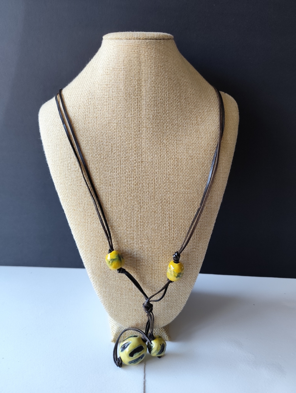 3/$25💙Handmade Yellow Ceramic Bead Pendant Necklace - Adjustable Leather Cord